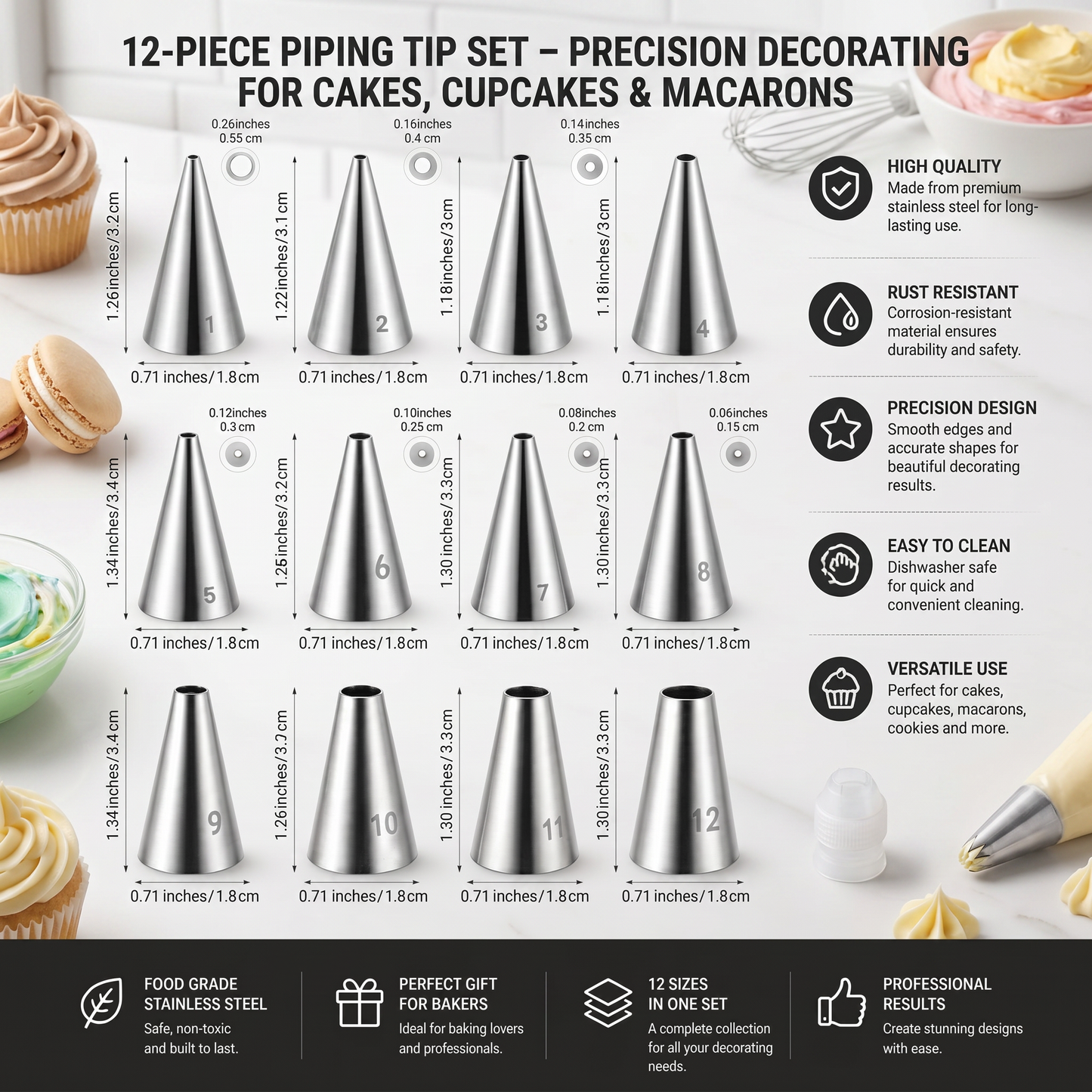 12-Piece Piping Tip Set – Precision Decorating for Cakes, Cupcakes & Macarons