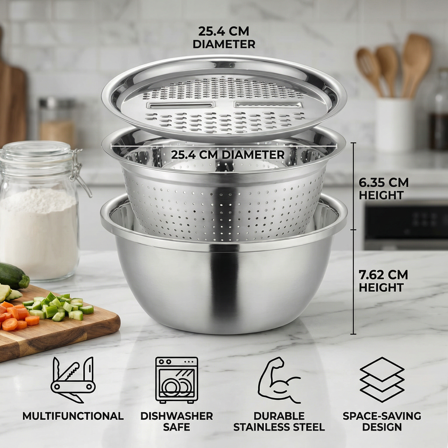 Vegetable Cutter with Grater – Multifunctional Colander and Mixing Bowl Set