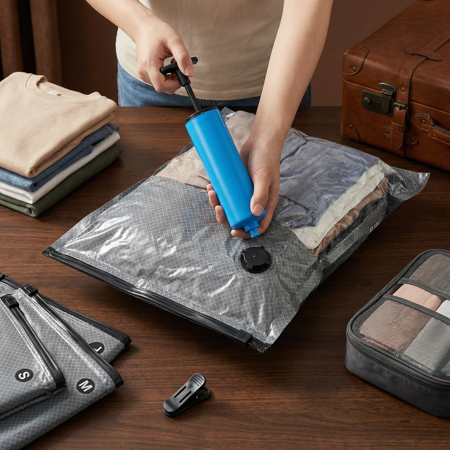 Travel vacuum storage bag set with rechargeable air pump