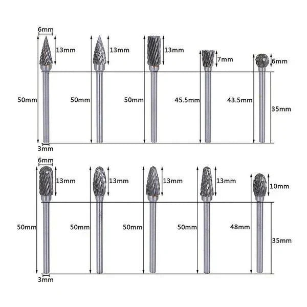 Precise Tungsten Steel Grinding Heads (10 Pieces)