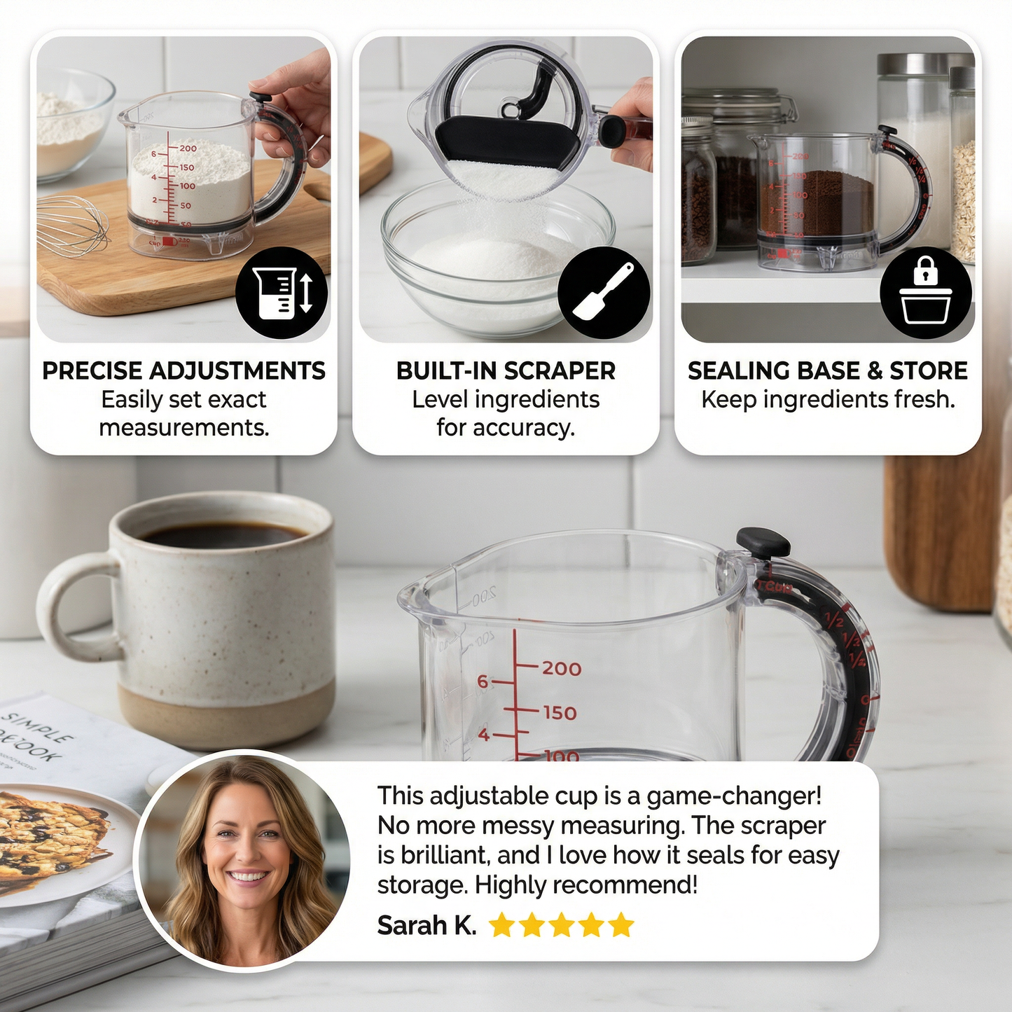 Adjustable Measuring Cup – Multifunctional Kitchen Tool with Scraper and Sealing Base
