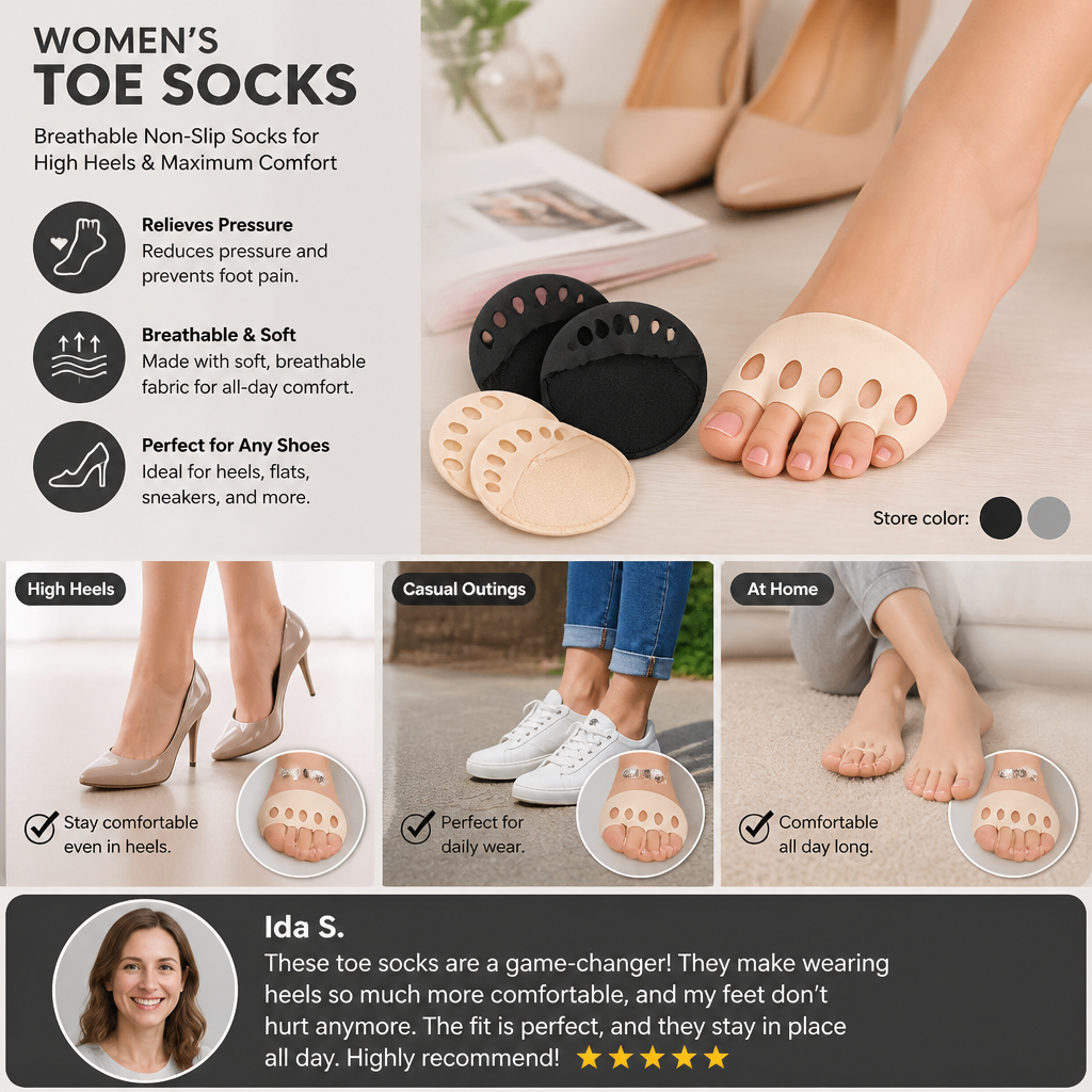 Women’s Toe Socks – Breathable Non-Slip Socks for High Heels & Maximum Comfort (4 pairs)