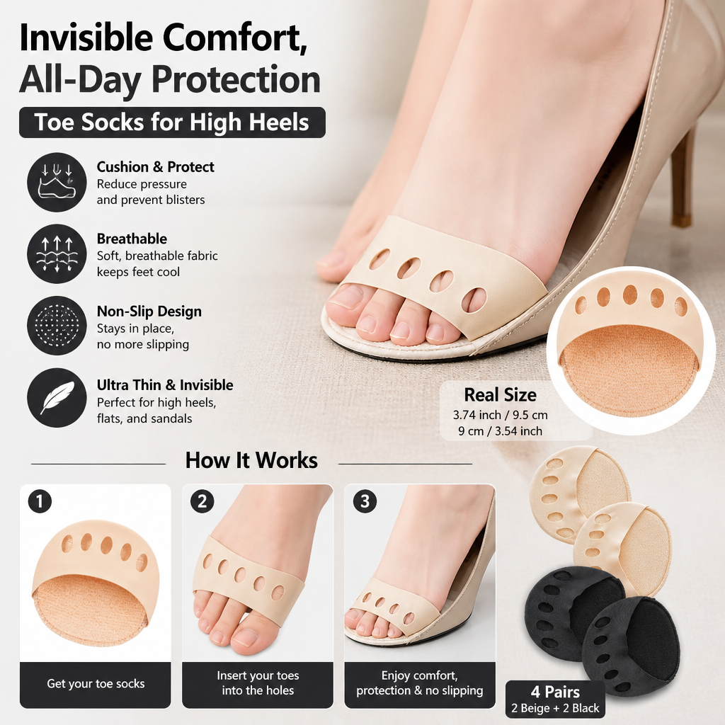Women’s Toe Socks – Breathable Non-Slip Socks for High Heels & Maximum Comfort (4 pairs)