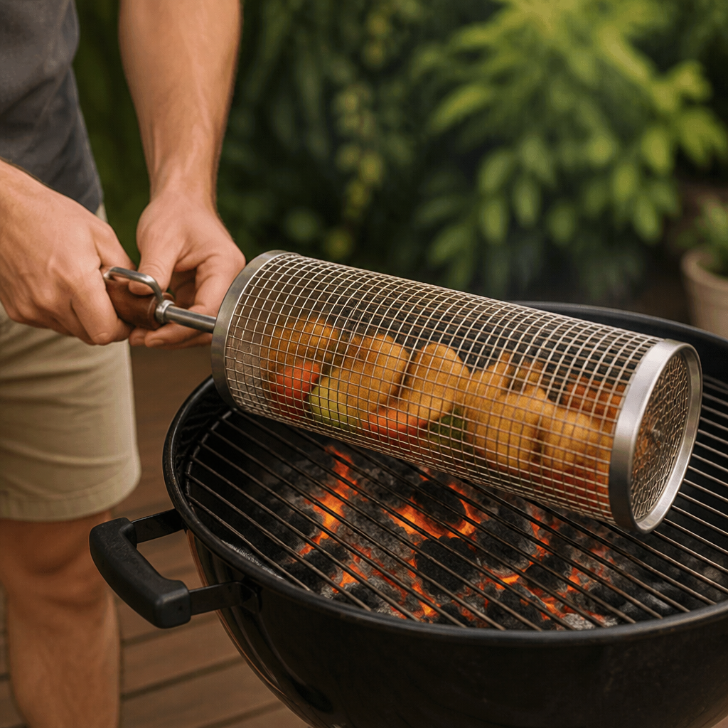 Practical Stainless Steel Grill Basket – Rotating BBQ Grill Basket for Outdoor Grilling