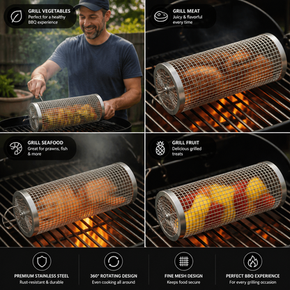 Practical Stainless Steel Grill Basket – Rotating BBQ Grill Basket for Outdoor Grilling
