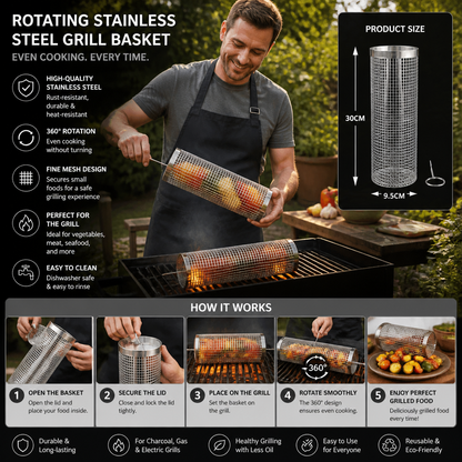 Practical Stainless Steel Grill Basket – Rotating BBQ Grill Basket for Outdoor Grilling