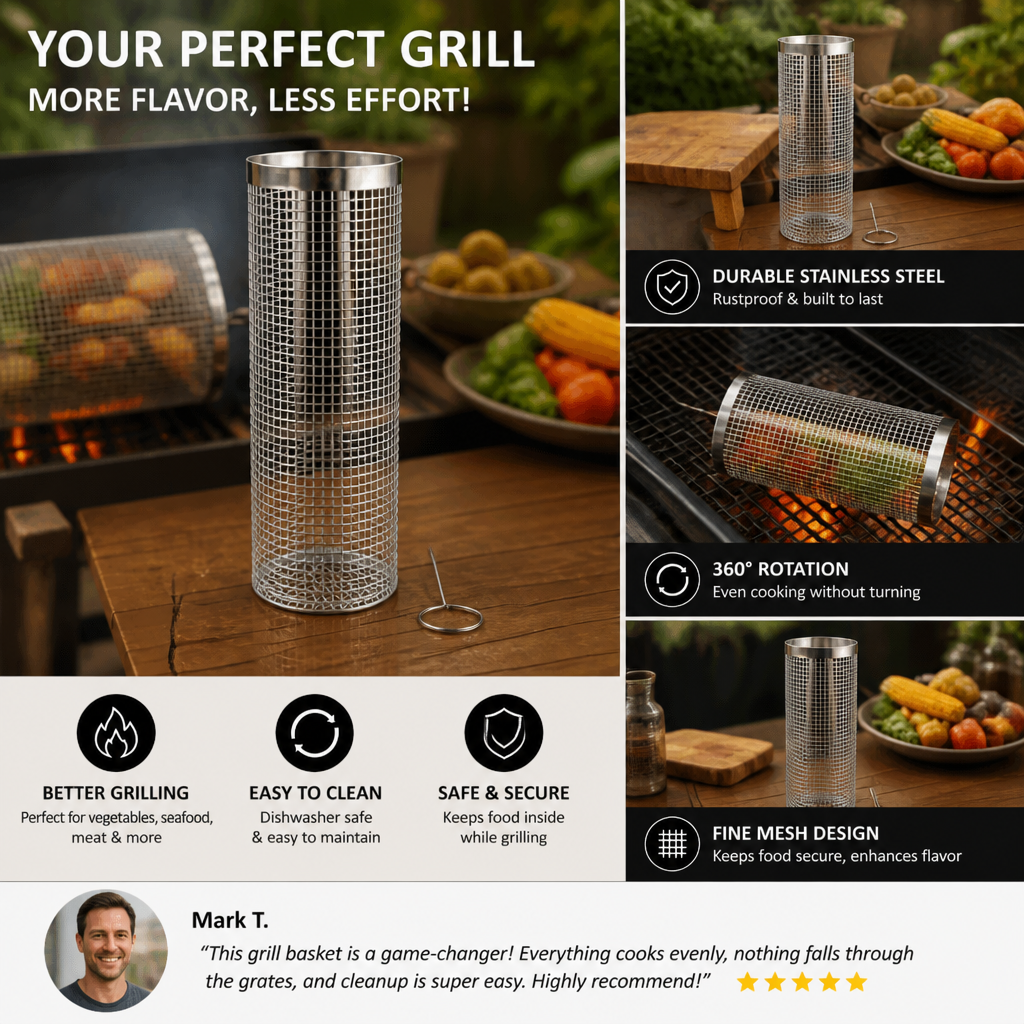 Practical Stainless Steel Grill Basket – Rotating BBQ Grill Basket for Outdoor Grilling