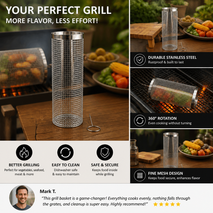 Practical Stainless Steel Grill Basket – Rotating BBQ Grill Basket for Outdoor Grilling