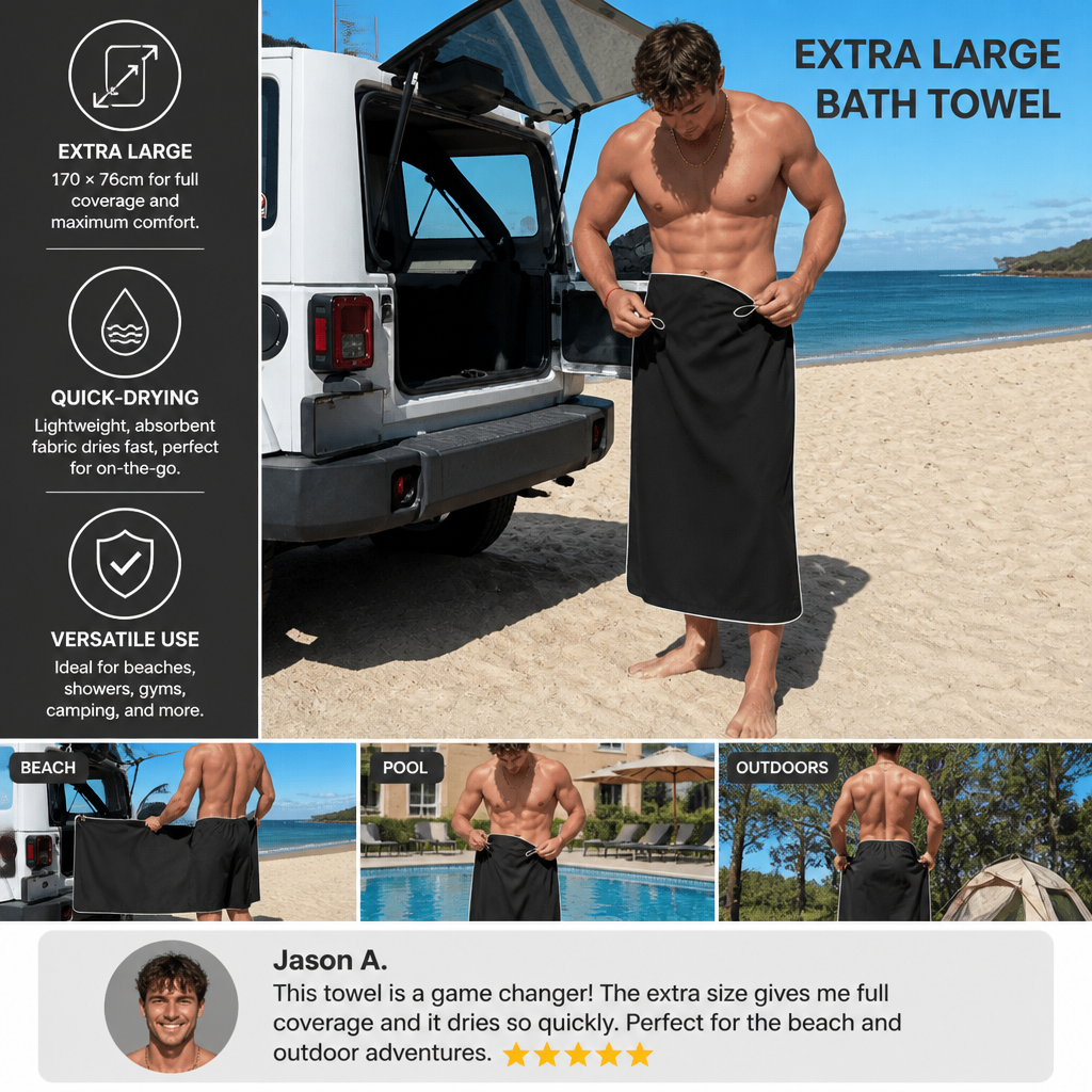 Extra Large Magnetic Bath Towel – Quick-Drying Beach and Bath Towel for Swimming and Outdoor Use
