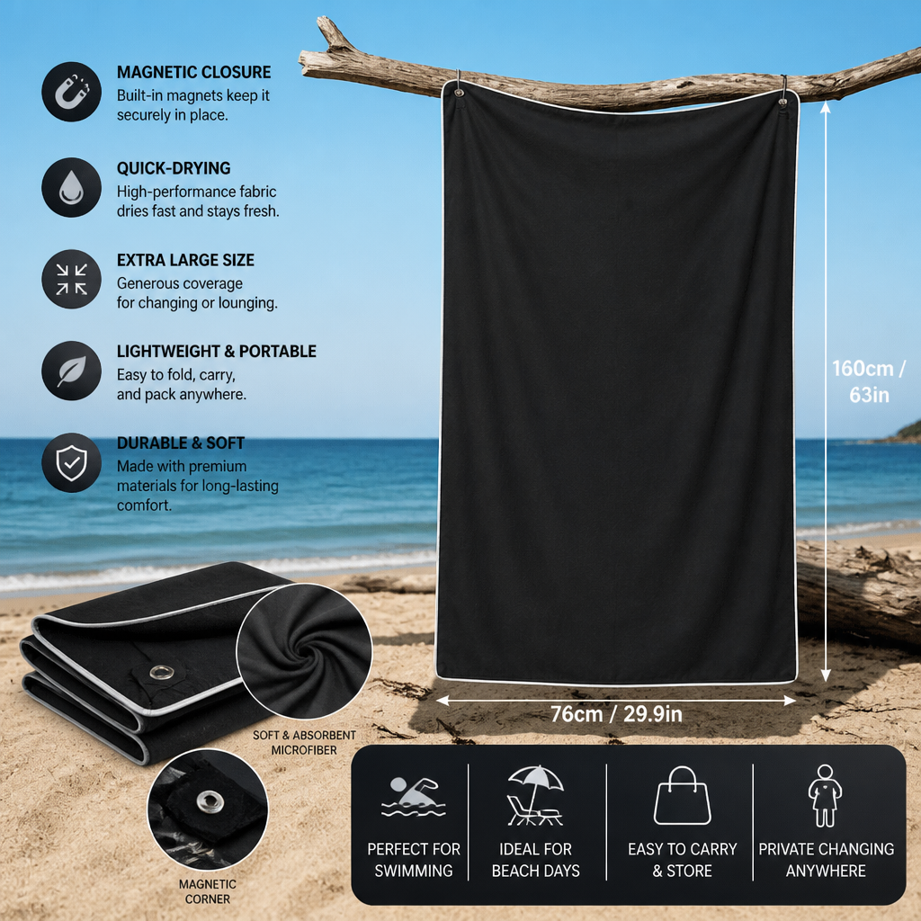 Extra Large Magnetic Bath Towel – Quick-Drying Beach and Bath Towel for Swimming and Outdoor Use