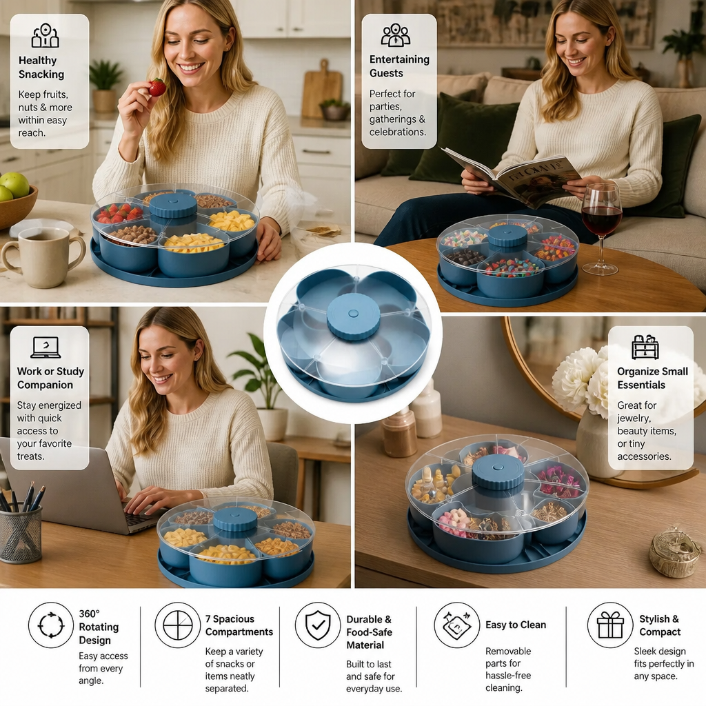 Rotating Snack Tray with Compartments – Spinning Serving Plate for Snacks & Candy