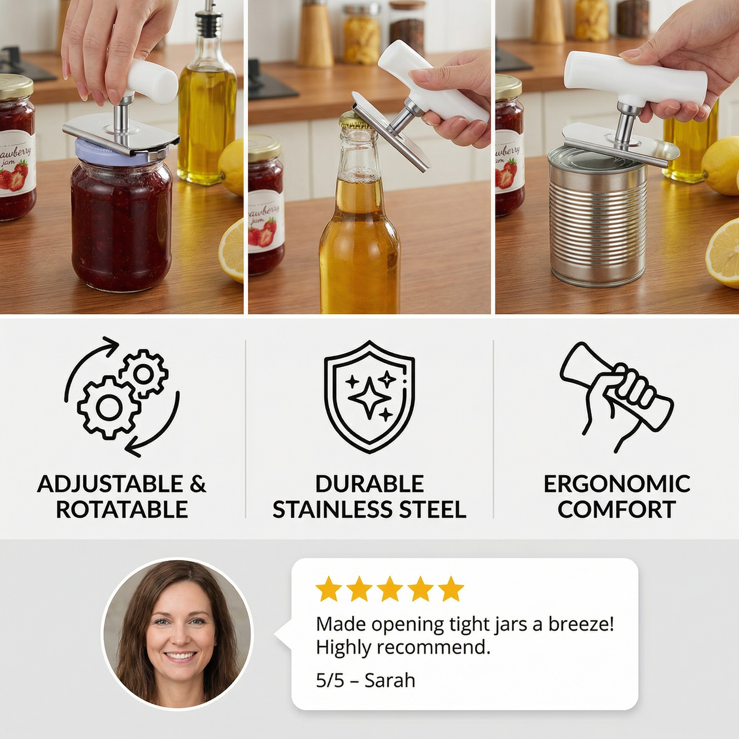 Multi-Function Stainless Steel Can & Bottle Opener – Adjustable & Rotatable
