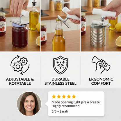 Multi-Function Stainless Steel Can & Bottle Opener – Adjustable & Rotatable