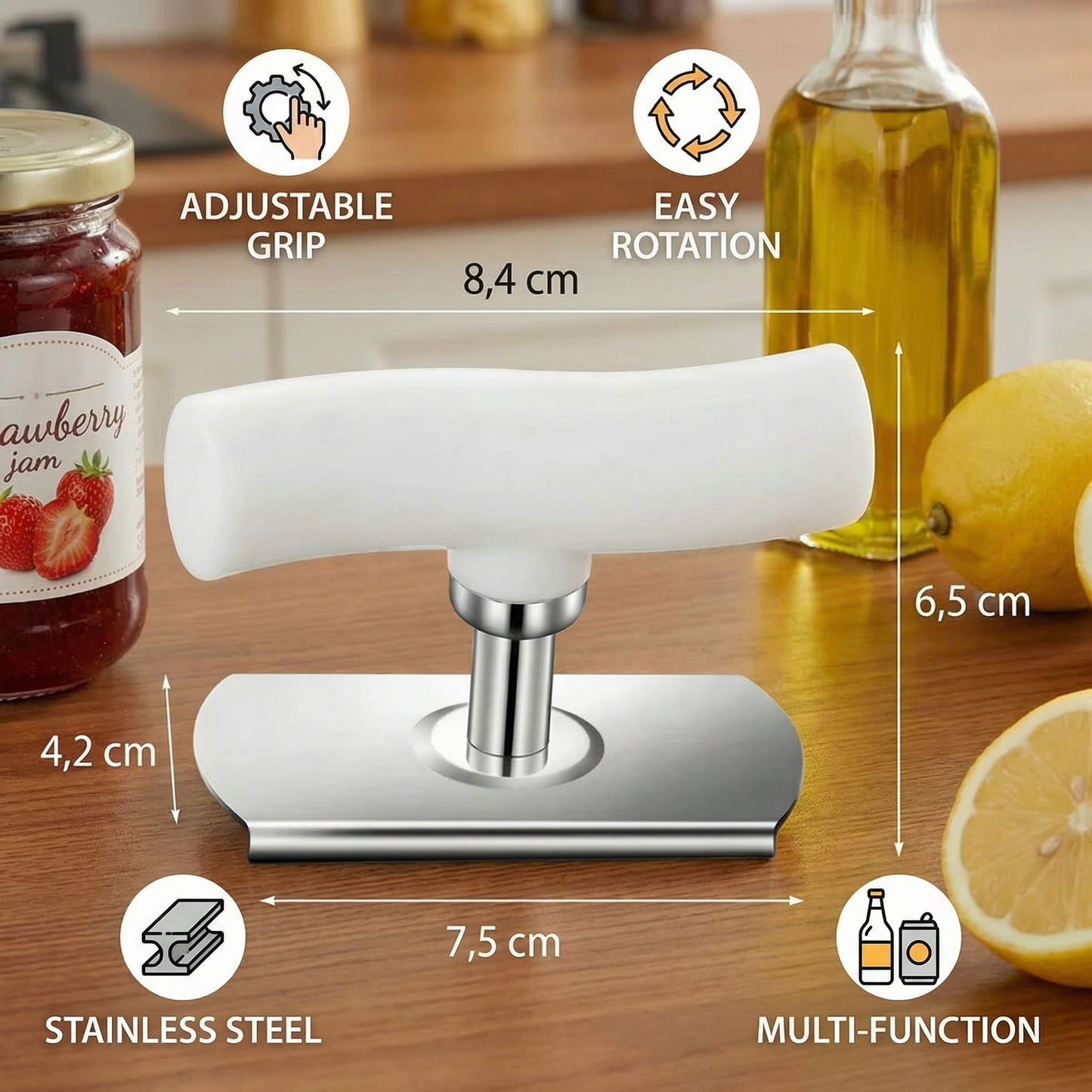 Multi-Function Stainless Steel Can & Bottle Opener – Adjustable & Rotatable
