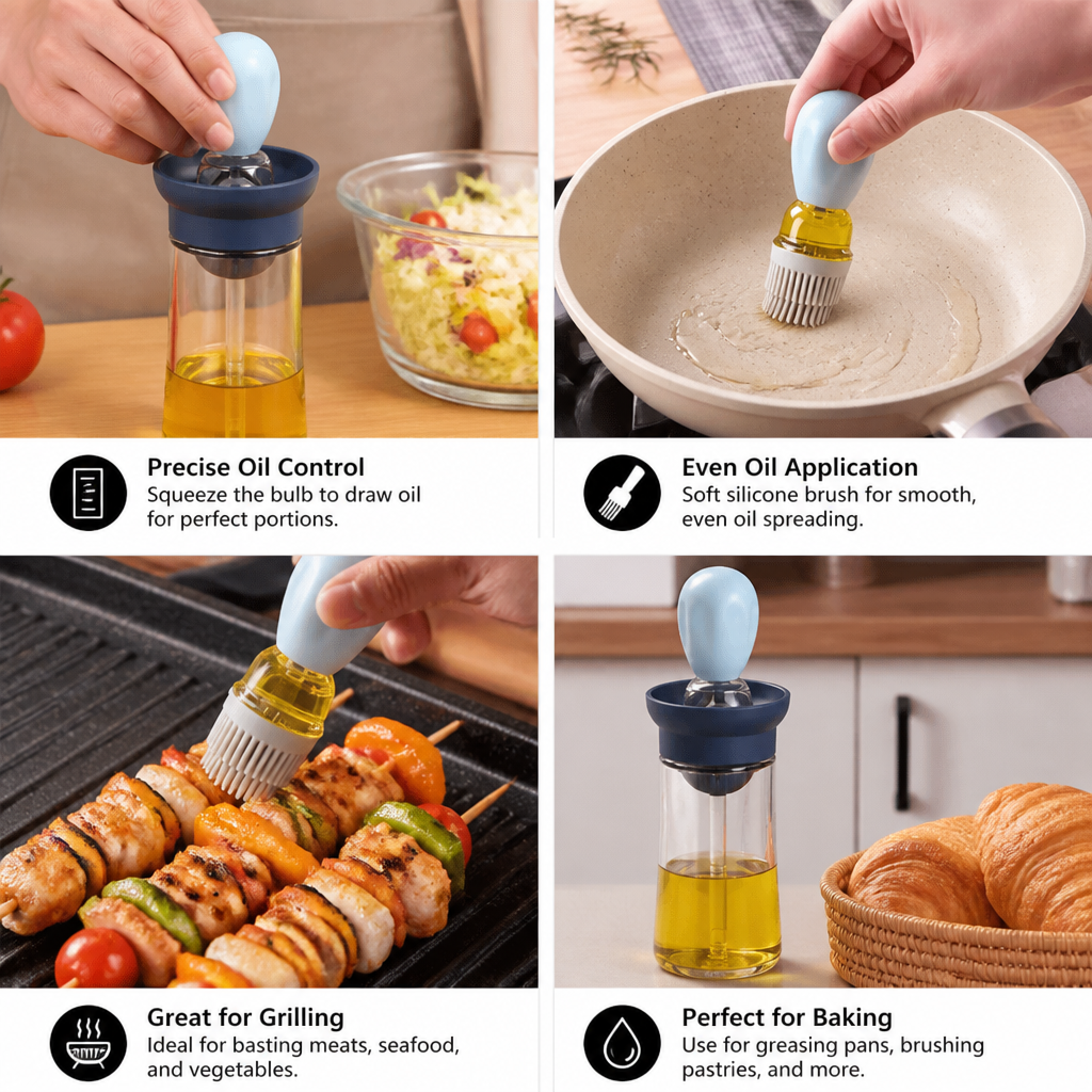 Oil Dispenser with Silicone Brush – Precision Bottle for Cooking, Grilling & Baking