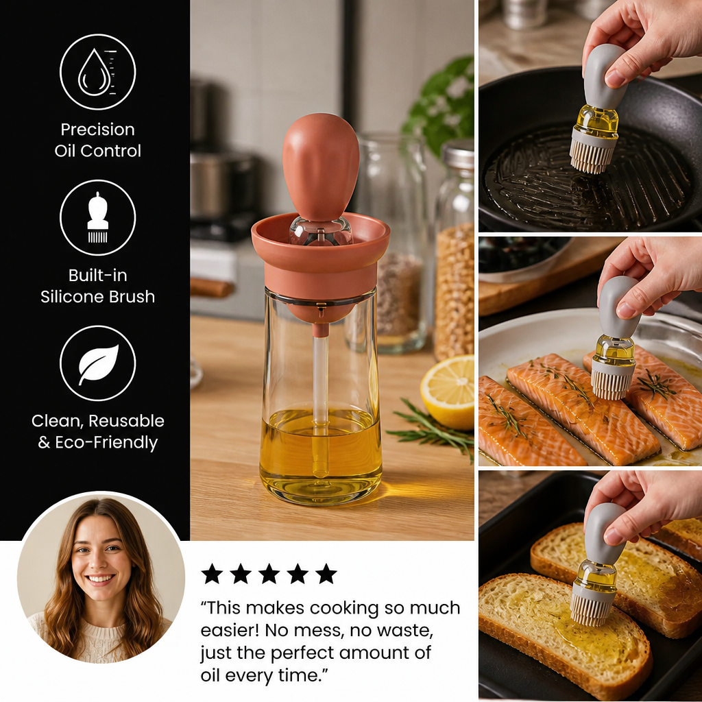 Oil Dispenser with Silicone Brush – Precision Bottle for Cooking, Grilling & Baking