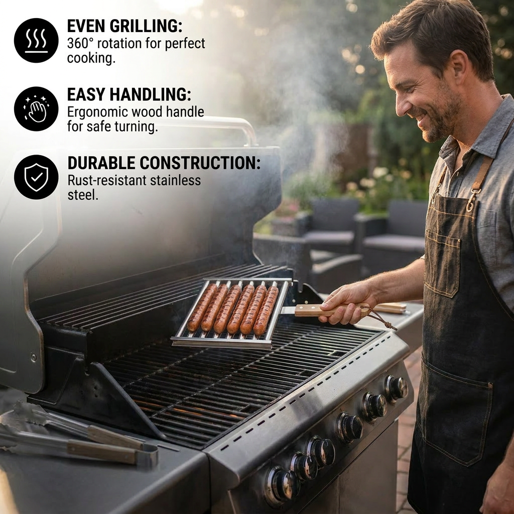 Stainless Steel Sausage Rack – Rollable Grill Holder for Hot Dogs & Sausages