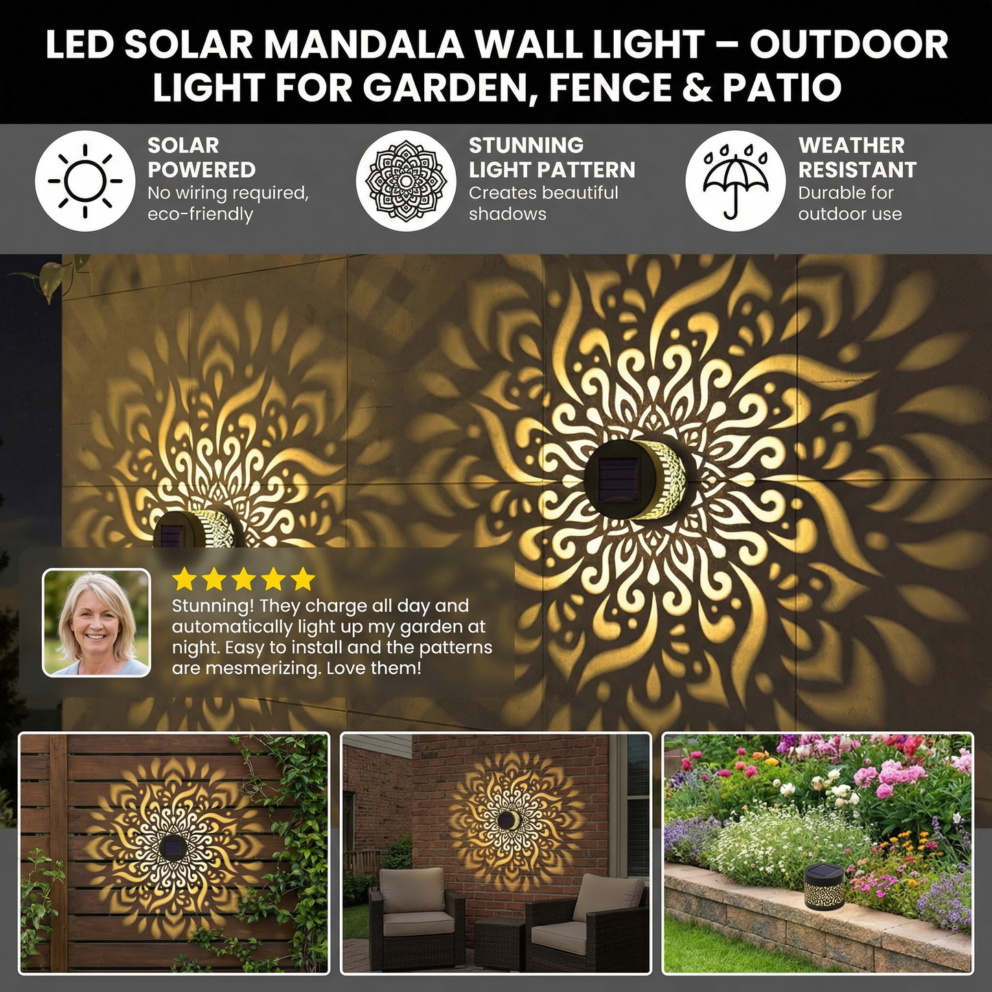 LED Solar Mandala Wall Light – Outdoor Light for Garden, Fence & Patio