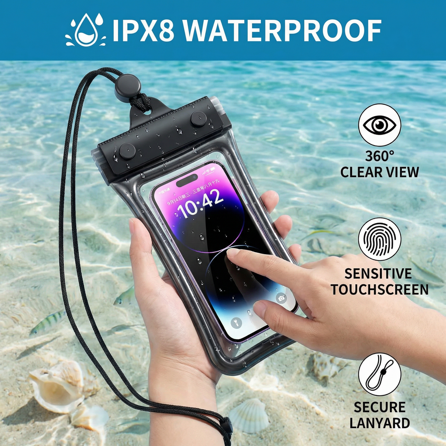 Waterproof Phone Pouch – Clear Touchscreen Case with Lanyard for Beach & Swimming