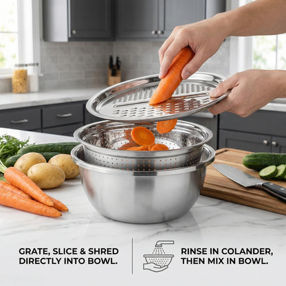 Vegetable Cutter with Grater – Multifunctional Colander and Mixing Bowl Set
