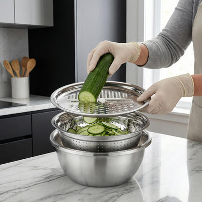 Vegetable Cutter with Grater – Multifunctional Colander and Mixing Bowl Set