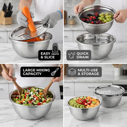 Vegetable Cutter with Grater – Multifunctional Colander and Mixing Bowl Set