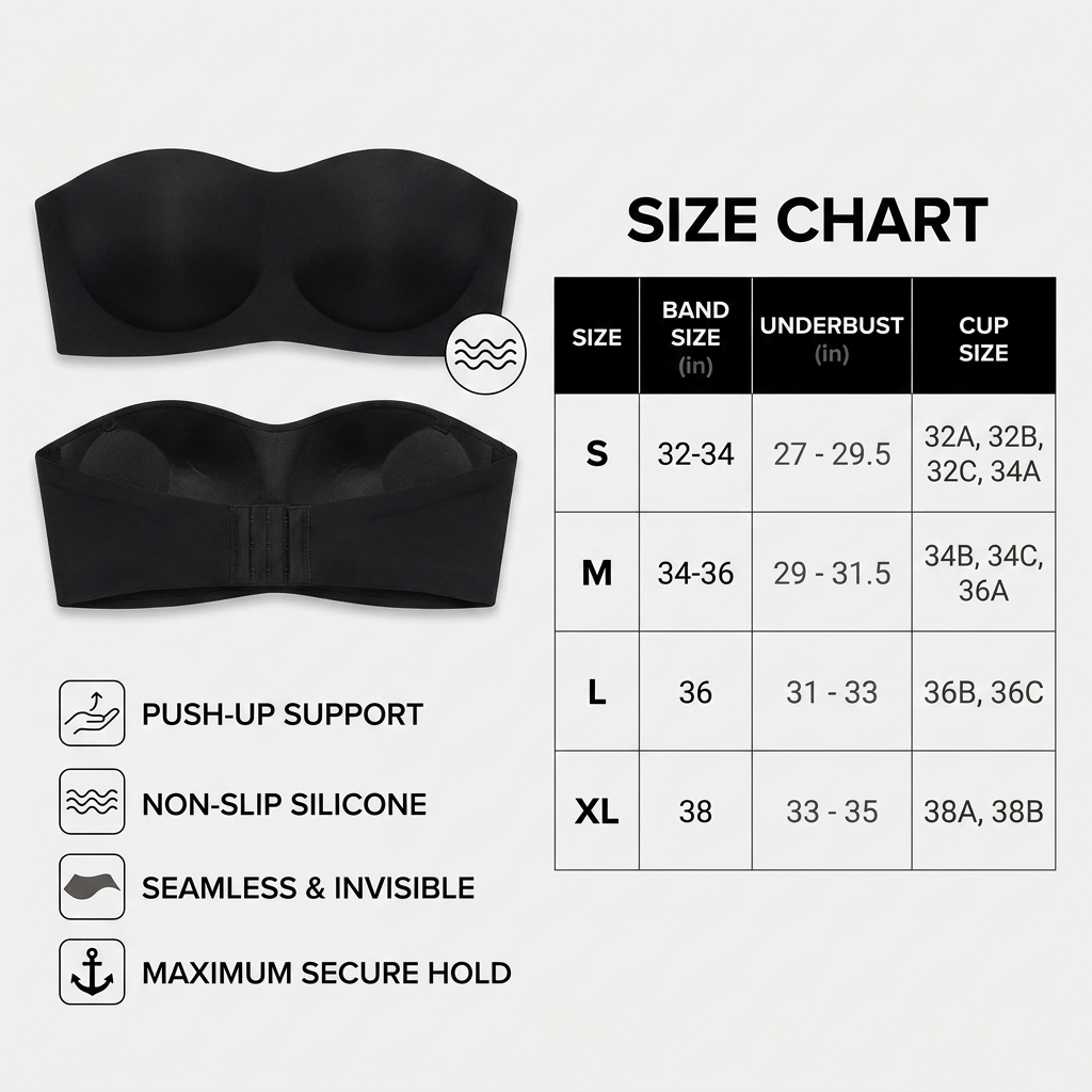 Strapless Bandeau Push-Up Bra – Non-Slip, Supportive & Seamless for Maximum Hold