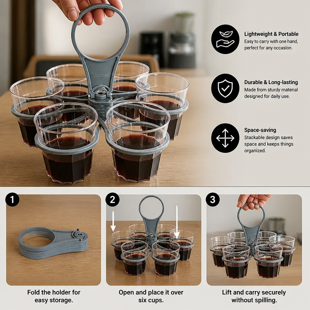 Foldable, Rotating Cup Holder – with 6 slots for glasses & cups, ideal for on the go