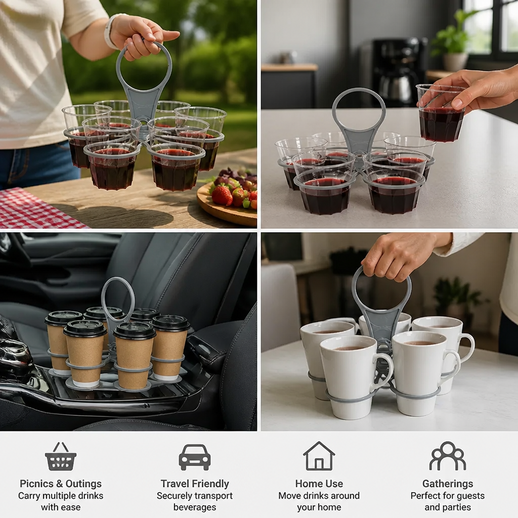 Foldable, Rotating Cup Holder – with 6 slots for glasses & cups, ideal for on the go