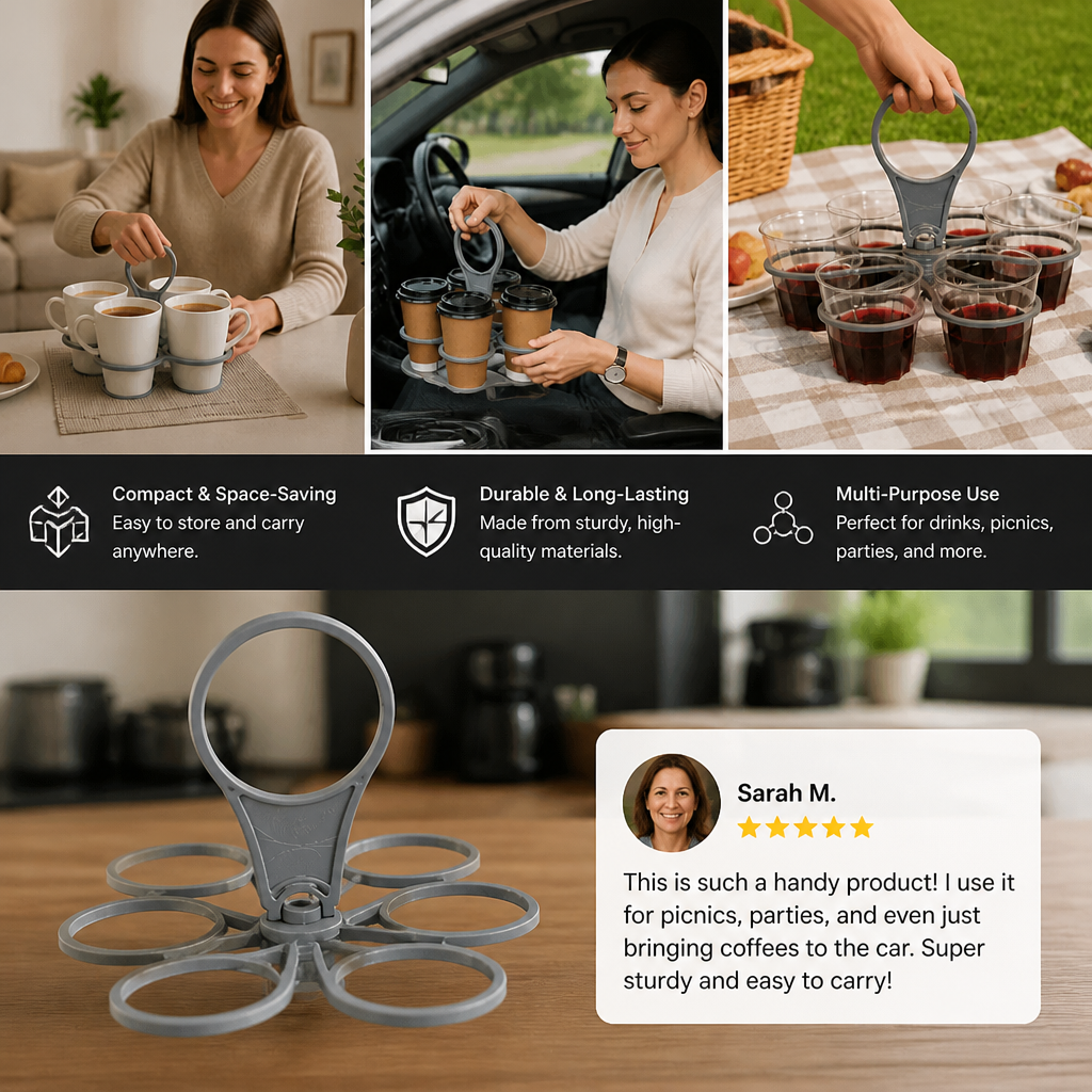 Foldable, Rotating Cup Holder – with 6 slots for glasses & cups, ideal for on the go