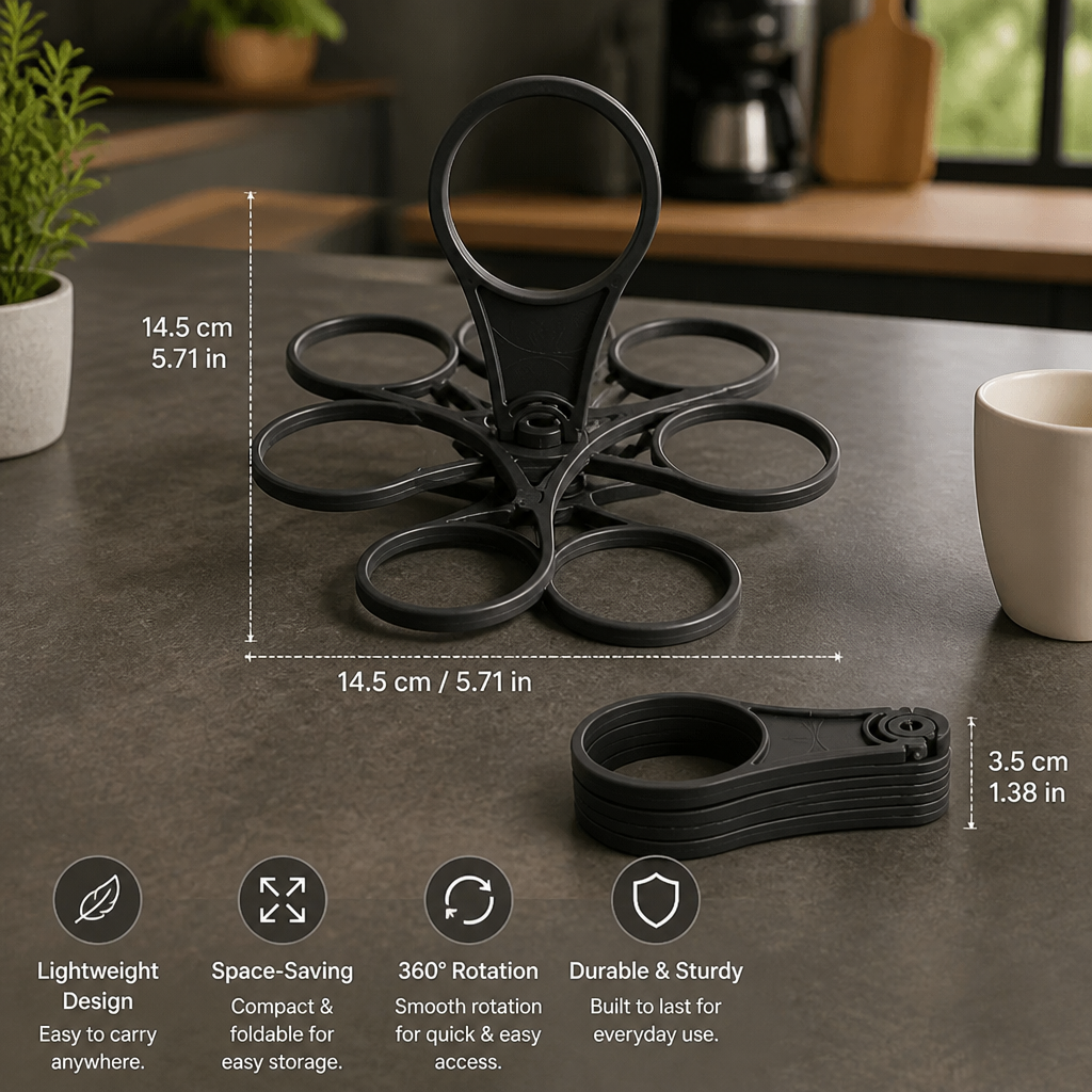 Foldable, Rotating Cup Holder – with 6 slots for glasses & cups, ideal for on the go