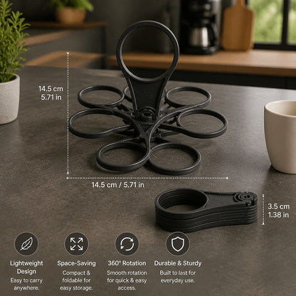 Foldable, Rotating Cup Holder – with 6 slots for glasses & cups, ideal for on the go