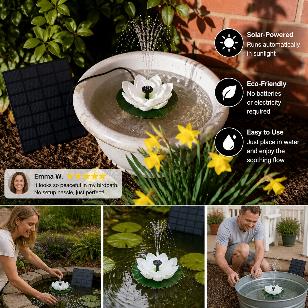 Solar-Powered Lotus Fountain – Floating Garden Fountain for Pool & Pond