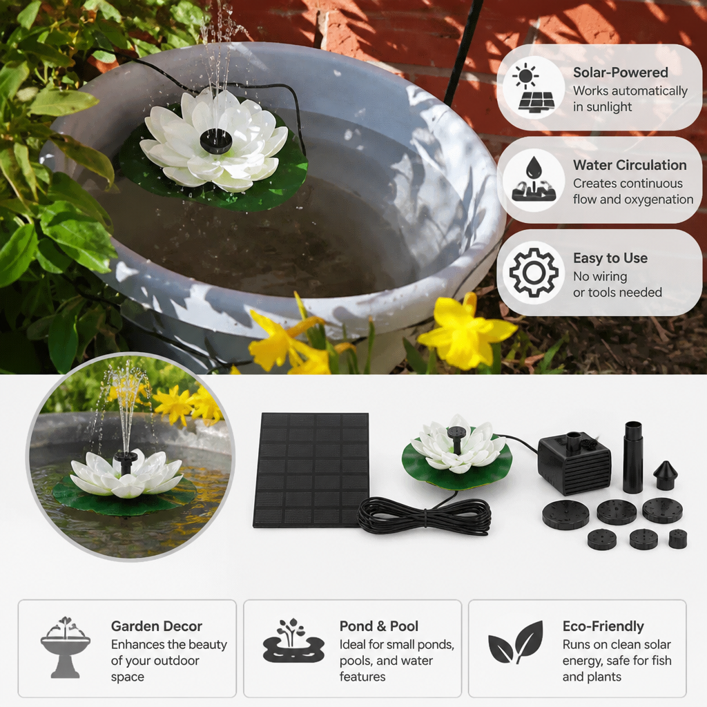 Solar-Powered Lotus Fountain – Floating Garden Fountain for Pool & Pond