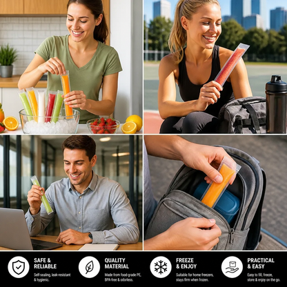 Practical DIY Ice Pop Bags (100 Pieces) – Self-Sealing Disposable Molds for Homemade Ice Sticks