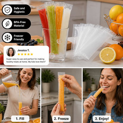 Practical DIY Ice Pop Bags (100 Pieces) – Self-Sealing Disposable Molds for Homemade Ice Sticks