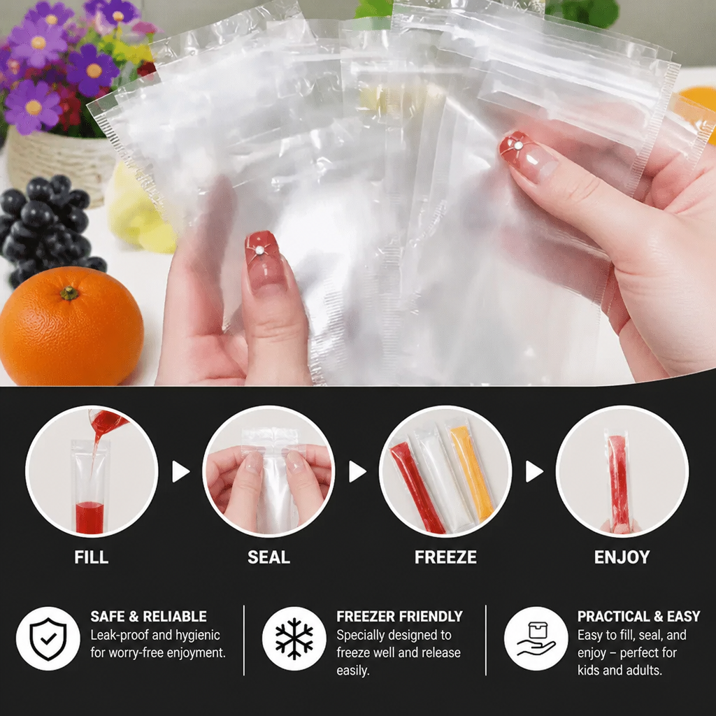 Practical DIY Ice Pop Bags (100 Pieces) – Self-Sealing Disposable Molds for Homemade Ice Sticks