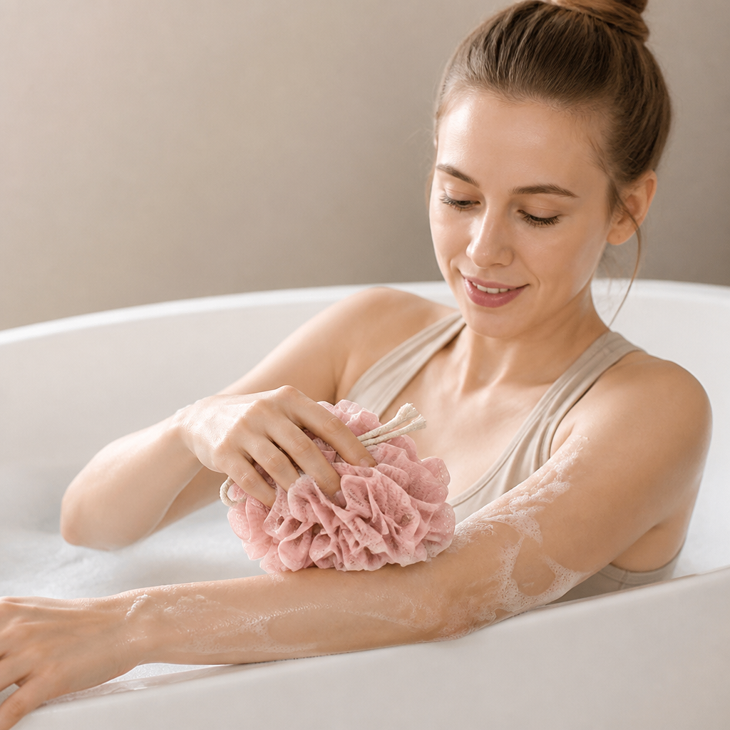 Practical bath sponge with drawstring – for extra foam and gentle skin cleansing
