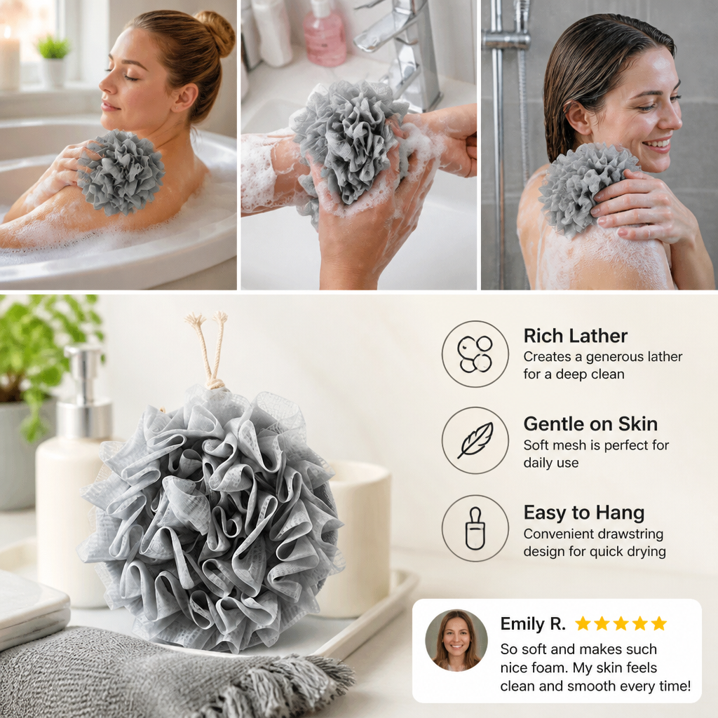 Practical bath sponge with drawstring – for extra foam and gentle skin cleansing