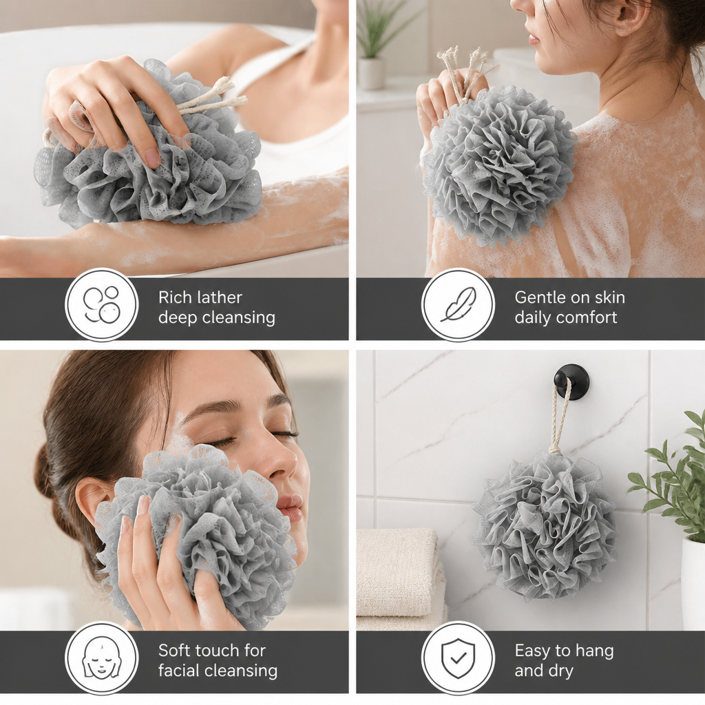 Practical bath sponge with drawstring – for extra foam and gentle skin cleansing