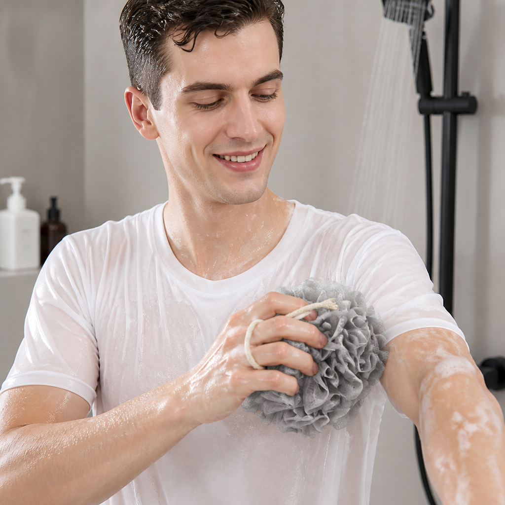 Practical bath sponge with drawstring – for extra foam and gentle skin cleansing