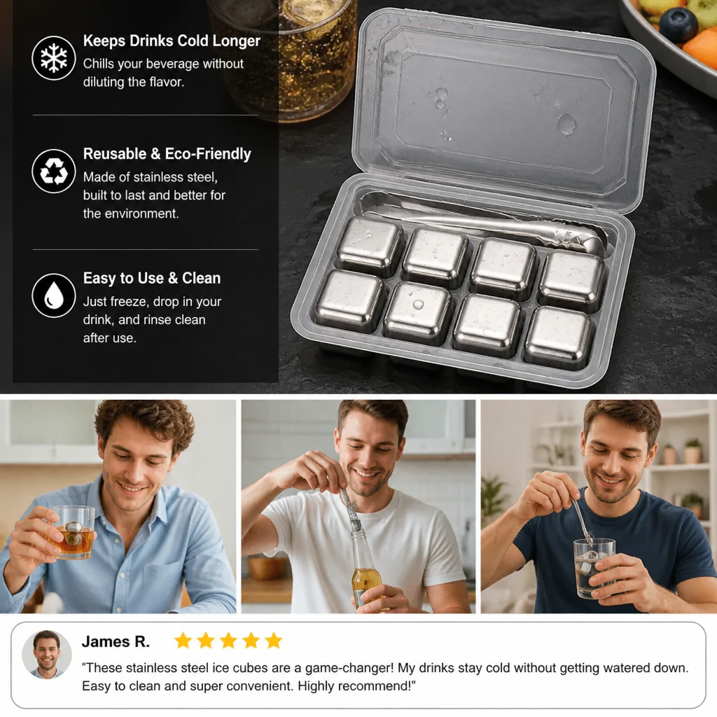 Practical Stainless Steel Ice Cubes – Reusable Cooling Set for Cold Drinks
