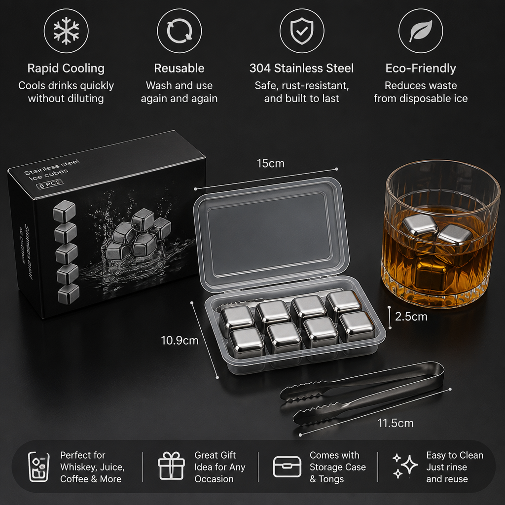 Practical Stainless Steel Ice Cubes – Reusable Cooling Set for Cold Drinks