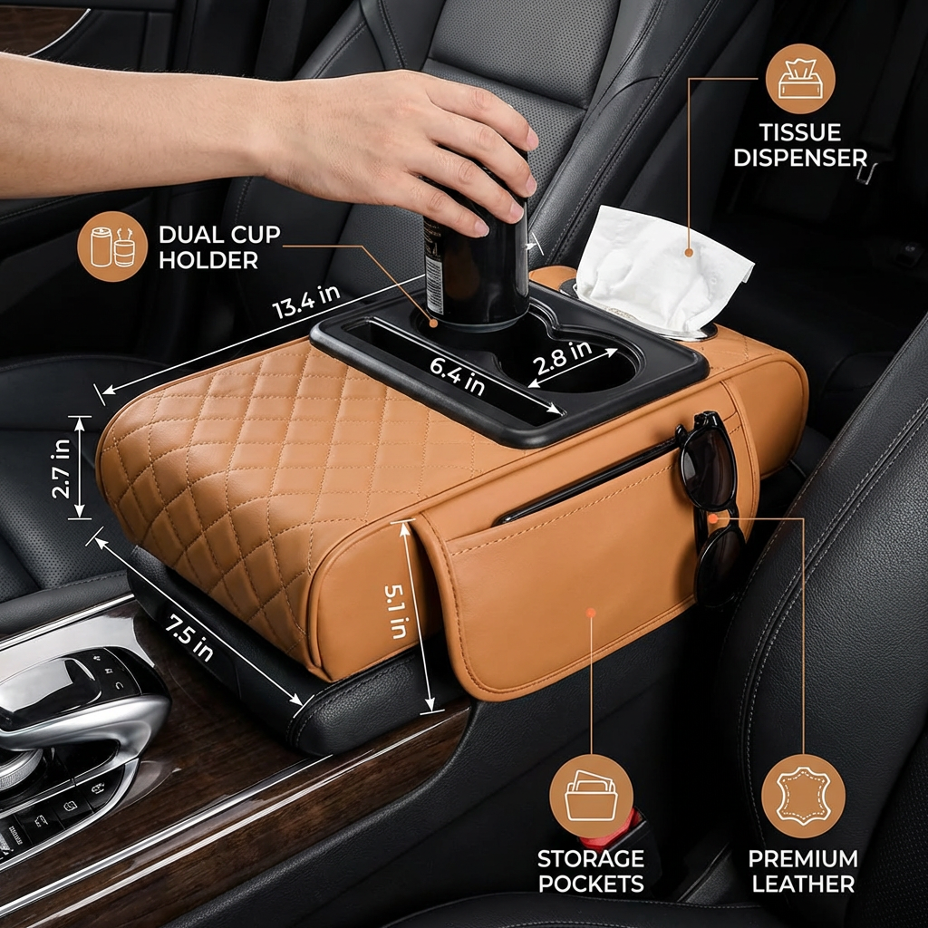 Multifunctional car armrest organizer with cup holder & built-in storage