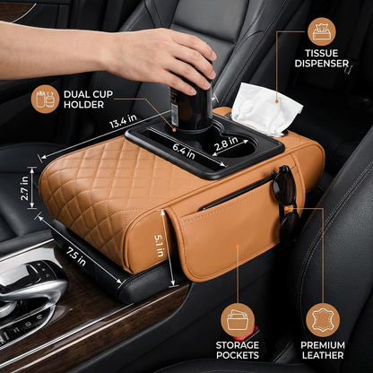 Multifunctional car armrest organizer with cup holder & built-in storage