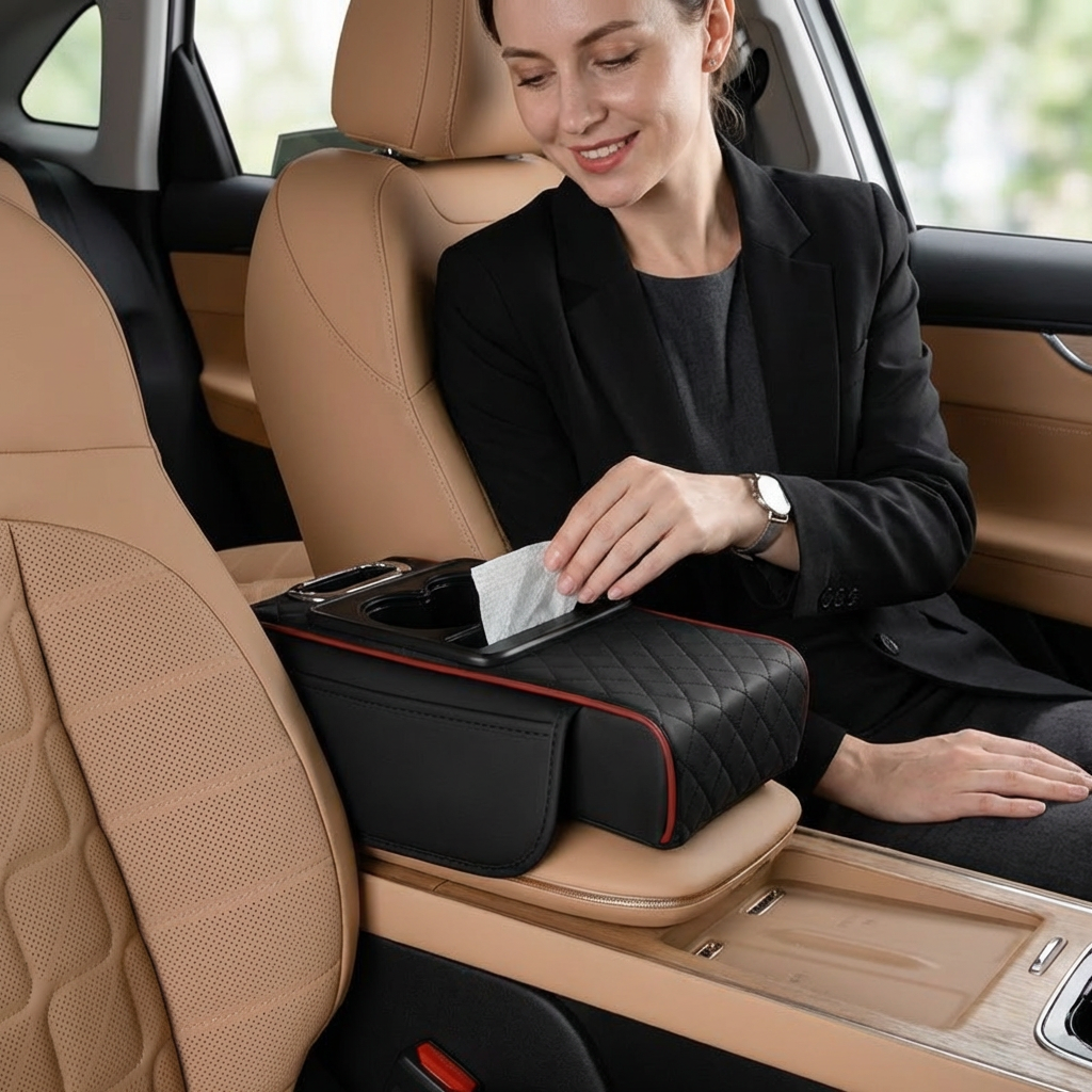 Multifunctional car armrest organizer with cup holder & built-in storage