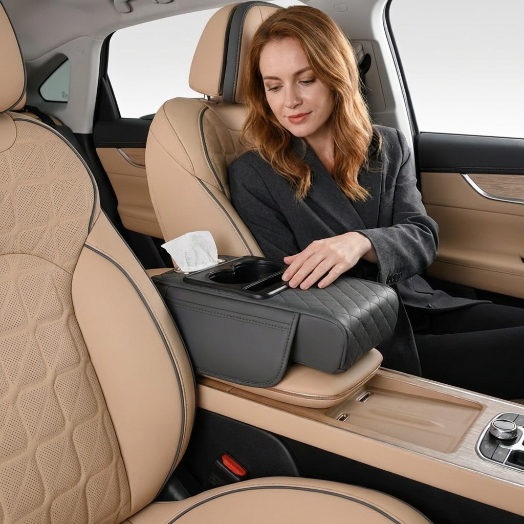 Multifunctional car armrest organizer with cup holder & built-in storage