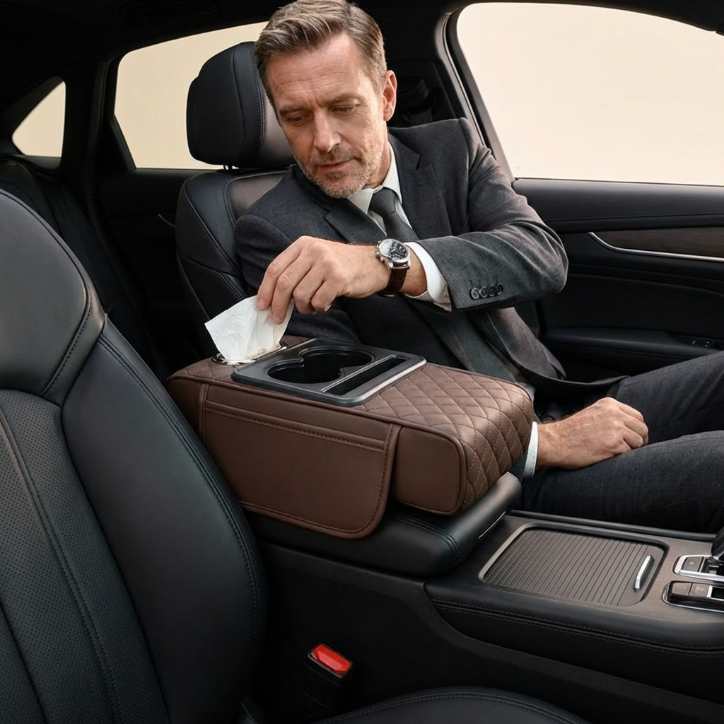 Multifunctional car armrest organizer with cup holder & built-in storage