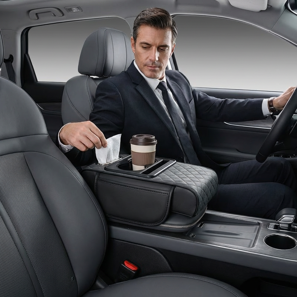 Multifunctional car armrest organizer with cup holder & built-in storage