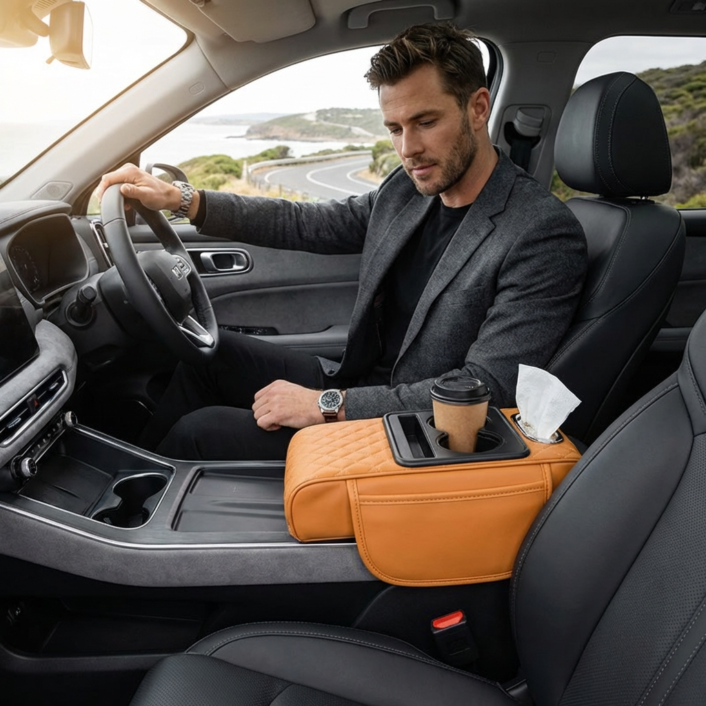 Multifunctional car armrest organizer with cup holder & built-in storage